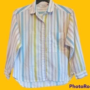 Pyramid vintage 80's buttoned 3/4 long sleeve pastel striped shirt women medium